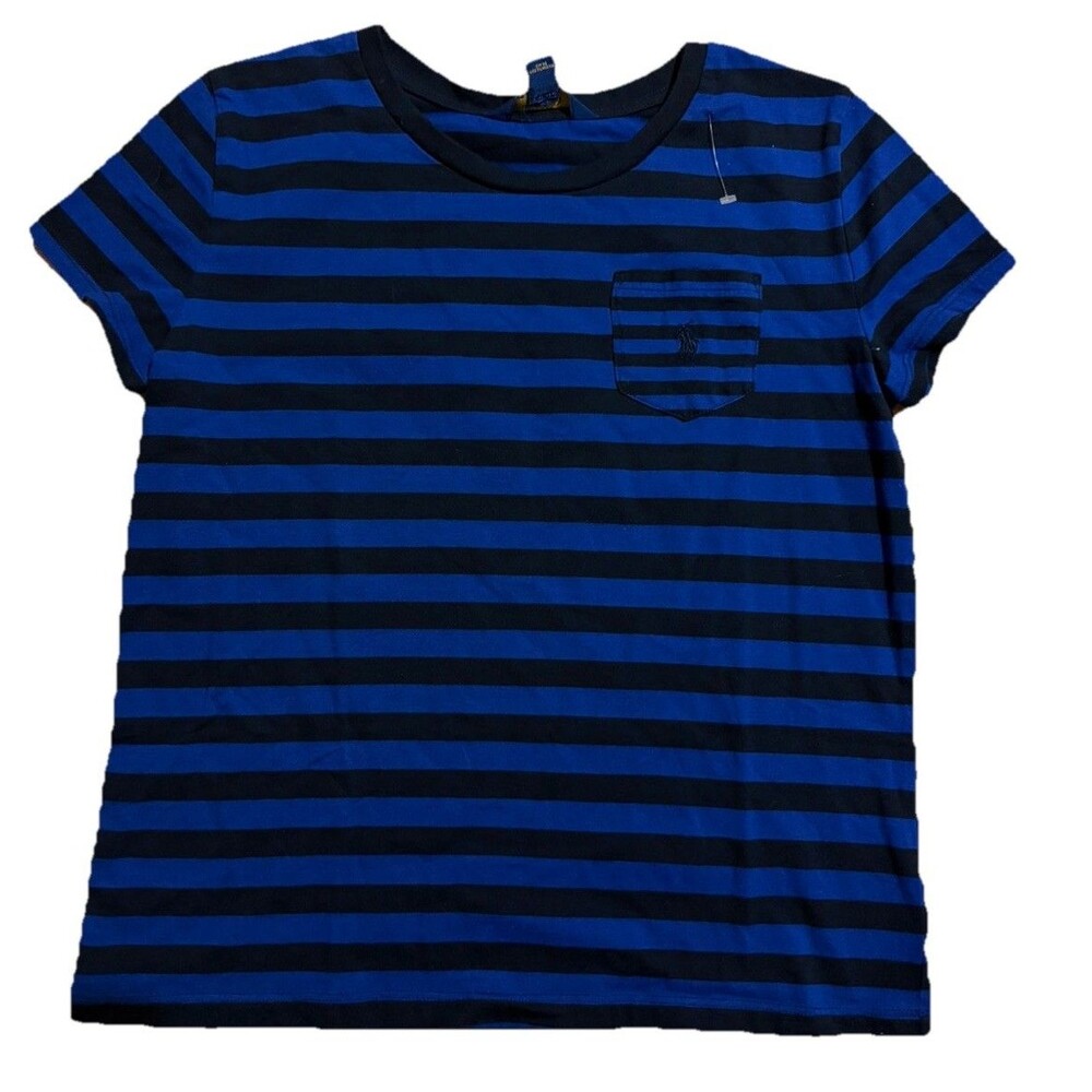 Polo Ralph Lauren Youth XL 16 Striped Tee‎ Blue Black Pocket Shirt Girls Casual